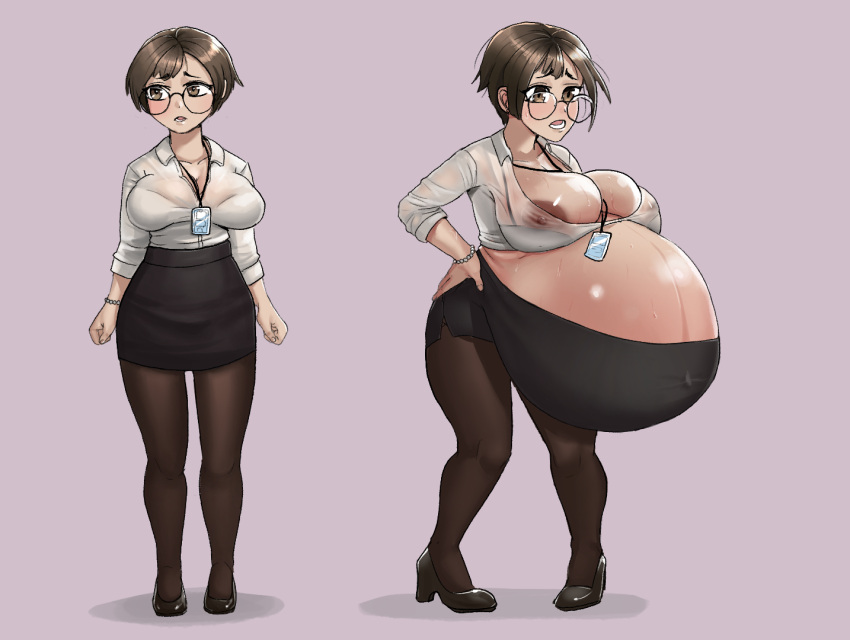 1girls areola_slip areolae before_and_after belly big_belly big_breasts breasts cleavage female glasses hyper_belly joethestone nipples nipples_visible_through_clothing office_lady pregnant ready_to_pop short_hair