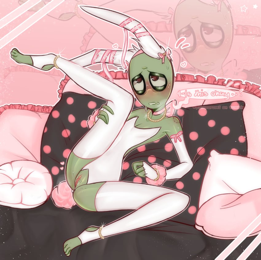 bald bedroom before_sex blush bunny_ears bunny_tail bunnysuit buttplug choker cuntboy cuntboy_only fuckboy fuckgirl green_skin legs_apart leotard pearl_necklace pillow pussy pussy_juice red_eyes ribbons salad_fingers salad_fingers_(series) saladussy self_upload showing_off stockings text_bubble