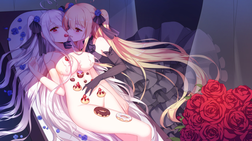 2girls ahoge black_dress black_gloves blonde_hair blue_rose blush breasts cream cream_on_body curtains doughnut dress elbow_gloves flower food fruit gloves grey_hair hair highres long_hair lying mouth_hold multiple_girls niliu_chahui nude nyotaimori original pastry petals red_eyes red_rose rose rose_petals strawberry tied_hair tokisaki_asaba tokisaki_mio twintails yuri 逆流茶会