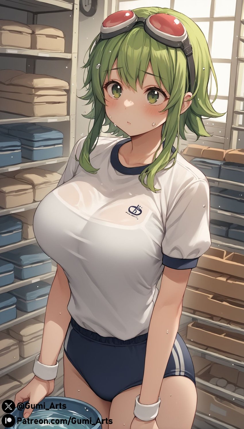 1girls ai_generated blush bucket goggles goggles_on_head green_eyes green_hair gumi gumi_arts gym_storeroom gym_uniform large_breasts megpoid_gumi short_hair sidelocks stable_diffusion vocaloid water wet