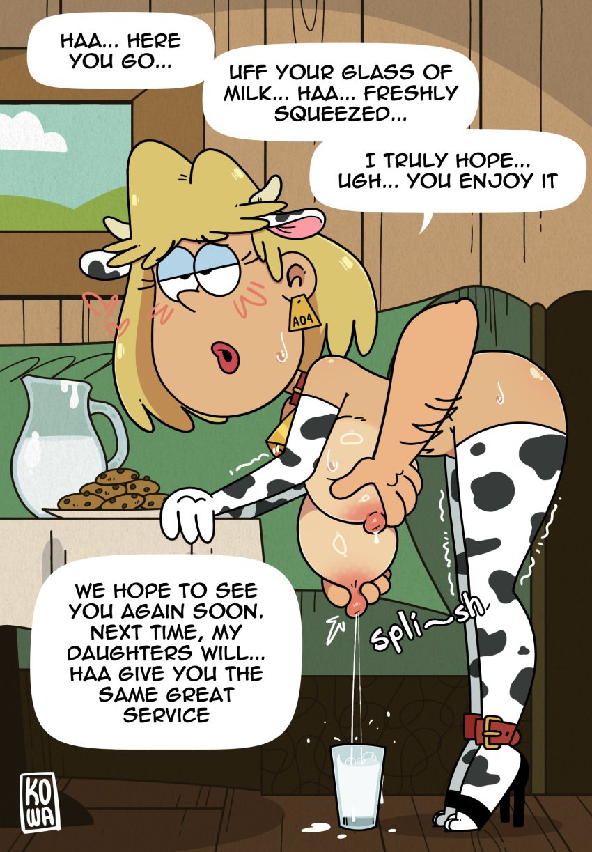 1girls 1milf 2d blonde_hair cow_print english_text floating_hands huge_breasts kowa_(artist) kowaworks02 lactating milf milk milking partial_male rita_loud sagging_breasts short_hair the_loud_house thighhighs