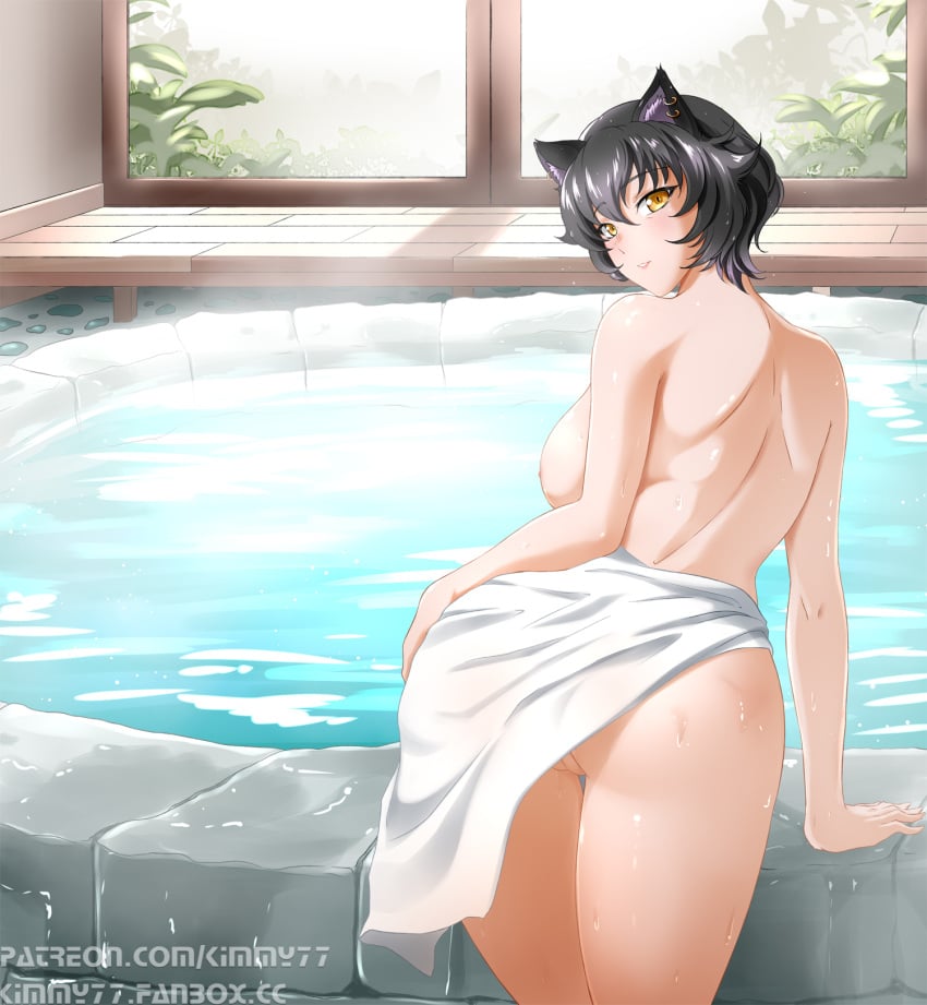 1girls ass black_hair breasts cat_ears catgirl earrings female hand_on_ass kali_belladonna kimmy77 large_breasts looking_at_viewer mature_female milf onsen pussy rwby short_hair towel towel_around_waist towel_only water woman yellow_eyes