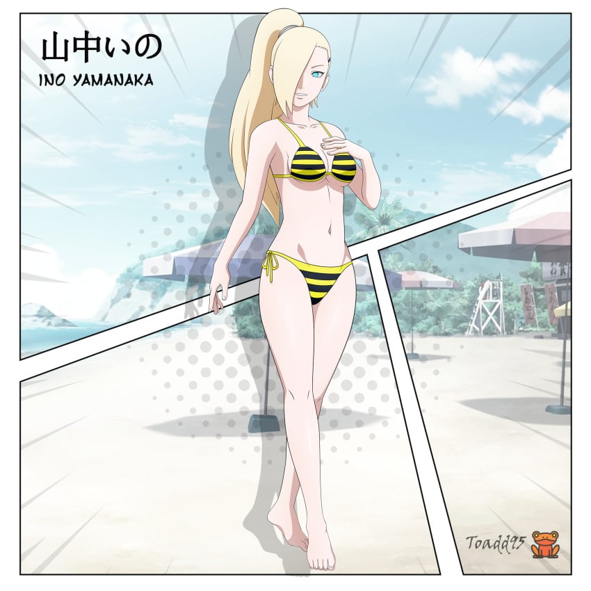 1girls accurate_art_style artist_name barefoot beach bikini bikini_bottom bikini_top blonde_hair blue_eyes boruto:_naruto_next_generations character_name cleavage commentary feet female female_only full_body hair_over_one_eye ino_yamanaka japanese_text kanji long_hair mature mature_female midriff milf naruto naruto_(series) outdoors petite ponytail seaside side-tie_bikini side-tie_bikini_bottom solo solo_focus striped_bikini swimsuit text toadd95 very_long_hair voluptuous yamanaka_ino yellow_bikini