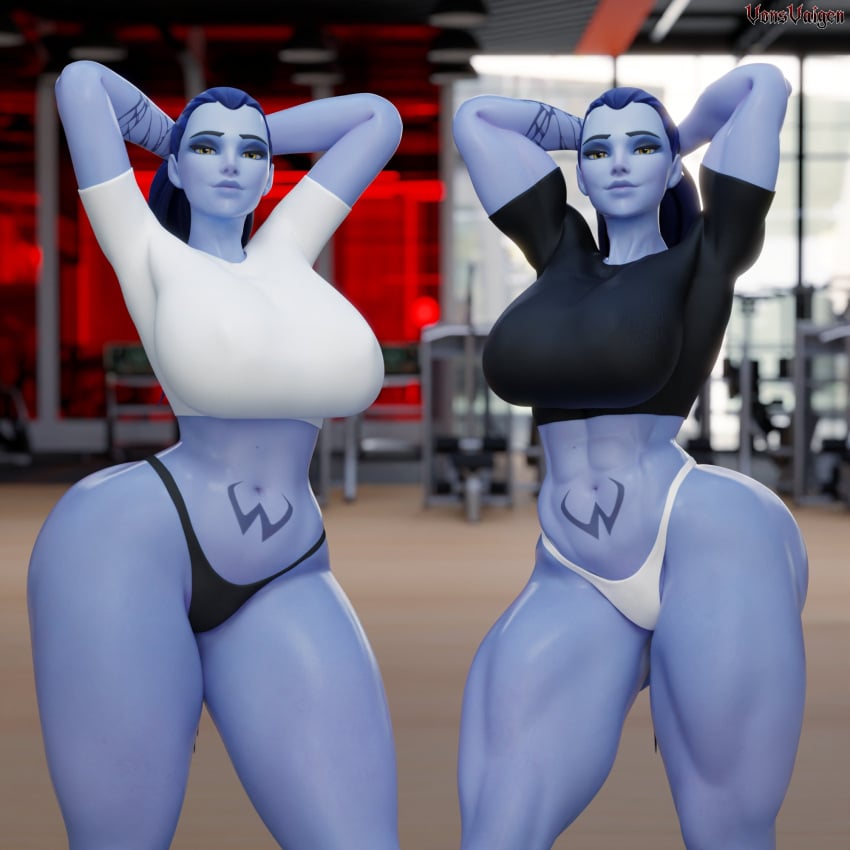 2girls 3d abs amelie_lacroix ass big_ass big_breasts black_fingernails black_nails black_thong blizzard_entertainment blue_hair elbow_sleeve female female_only fit fit_female gym looking_at_viewer muscular muscular_female muscular_thighs no_pants oiled oiled_skin oily overwatch overwatch_2 ponytail purple-skinned_female purple_skin sports_bikini sports_bra tattoo tattoo_on_stomach thick_thighs thong thunder_thighs vonsvaigen wide_hips widowmaker yellow_eyes