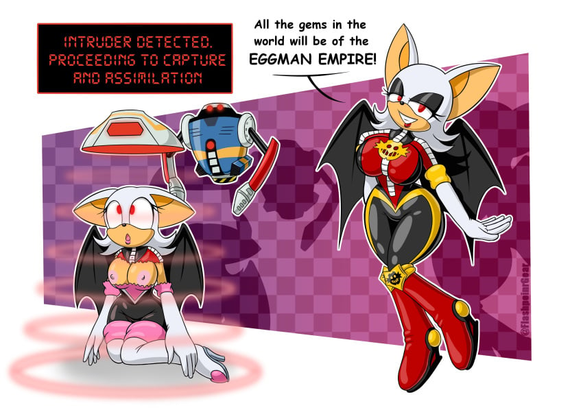 anthro assimilation bat_girl bat_wings before_and_after bodysuit breast_expansion breasts corruption drone droneification eggman_empire eggman_logo elbow_gloves enemy_conversion exposed_chest female flashpoint_gear_(artist) furry gloves latex nipples outfit_change property red_eyes robot rouge_the_bat sonic_(series) sonic_the_hedgehog_(series) text transformation wings