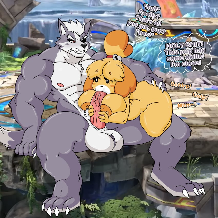 animal_crossing anthro ass balls blonde_hair breasts canid canine canis domestic_dog duo english_text fellatio female genitals grey_body hair hi_res isabelle_(animal_crossing) male male/female mammal muscular muscular_male nintendo oral penile penis sex sprigatitoartz star_fox super_smash_bros. super_smash_bros._ultimate text white_hair wolf wolf_o'donnell yellow_body