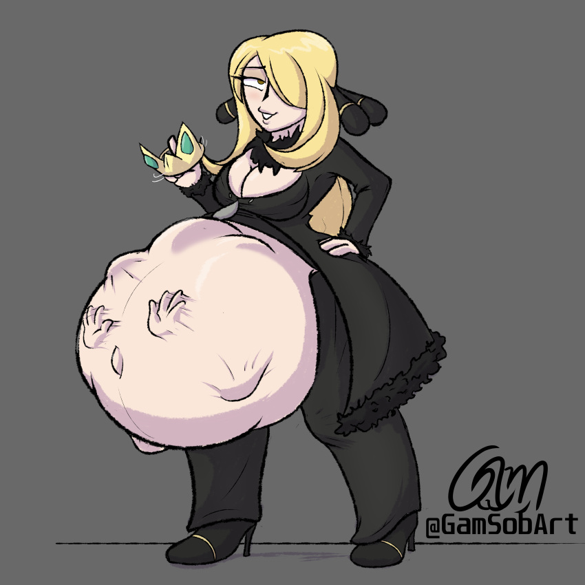 big_belly big_breasts big_thighs blonde_hair blonde_hair blonde_hair_female coat crown cynthia_(pokemon) gamsobart_(artist) huge_belly pokemon pokemon_champion smug smug_face vore