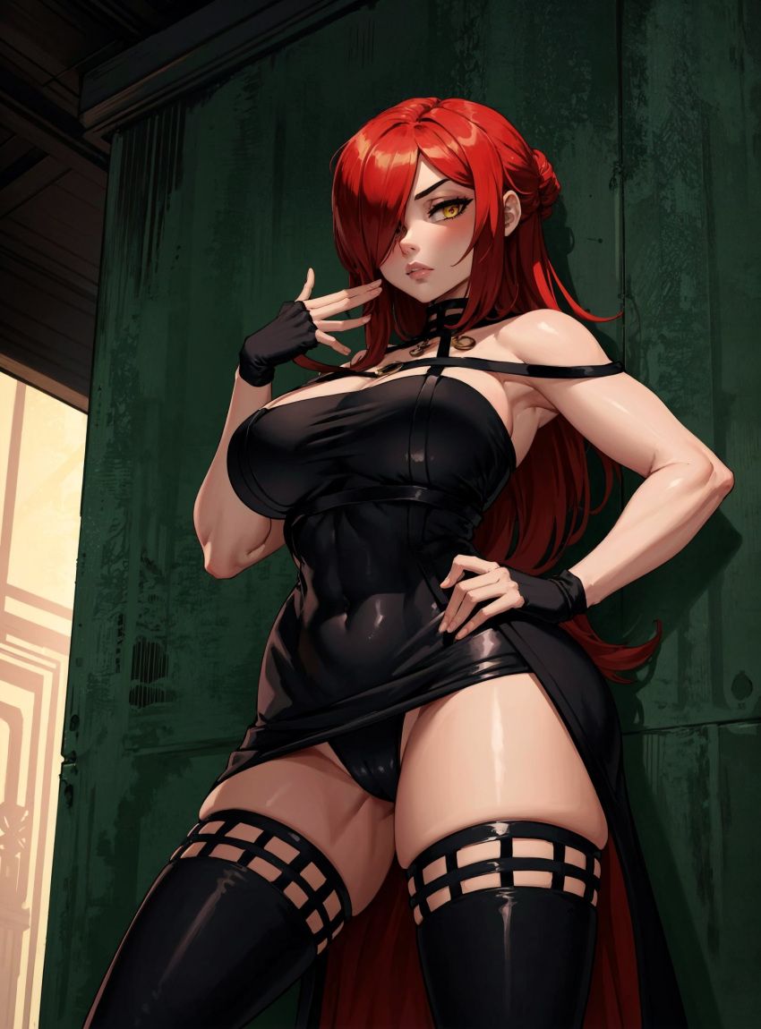 1girls ai_generated big_breasts breasts cosplay female female_only large_breasts long_hair looking_at_viewer makimass_ai parasoul red_hair skullgirls spy_x_family video_games yor_briar_(cosplay)