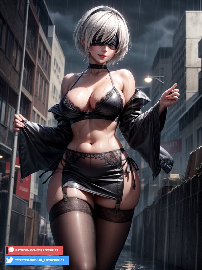 ai_generated big_breasts black_bra black_collar black_garter_belt black_garter_straps black_hairband black_jacket black_stockings bra breasts city_background collar covered_breast covered_nipples curves curvy_ass deep_gray_sky eyes eyes_covered female female_focus female_human female_only from_front from_front_position garter_belt garter_straps girl glossy_body glossy_lips gray_hair gray_sky hairband hourglass_figure jacket jacket_open jacket_partially_removed lace_bra lace_trim large_ass leather_jacket lips mature_female mr_lordprompt navel nier:_automata rain red_lips s short_hair shoulders simple_background smile smiling solo_female solo_girl stockings thick_thighs wet_body white_hair yorha_2b