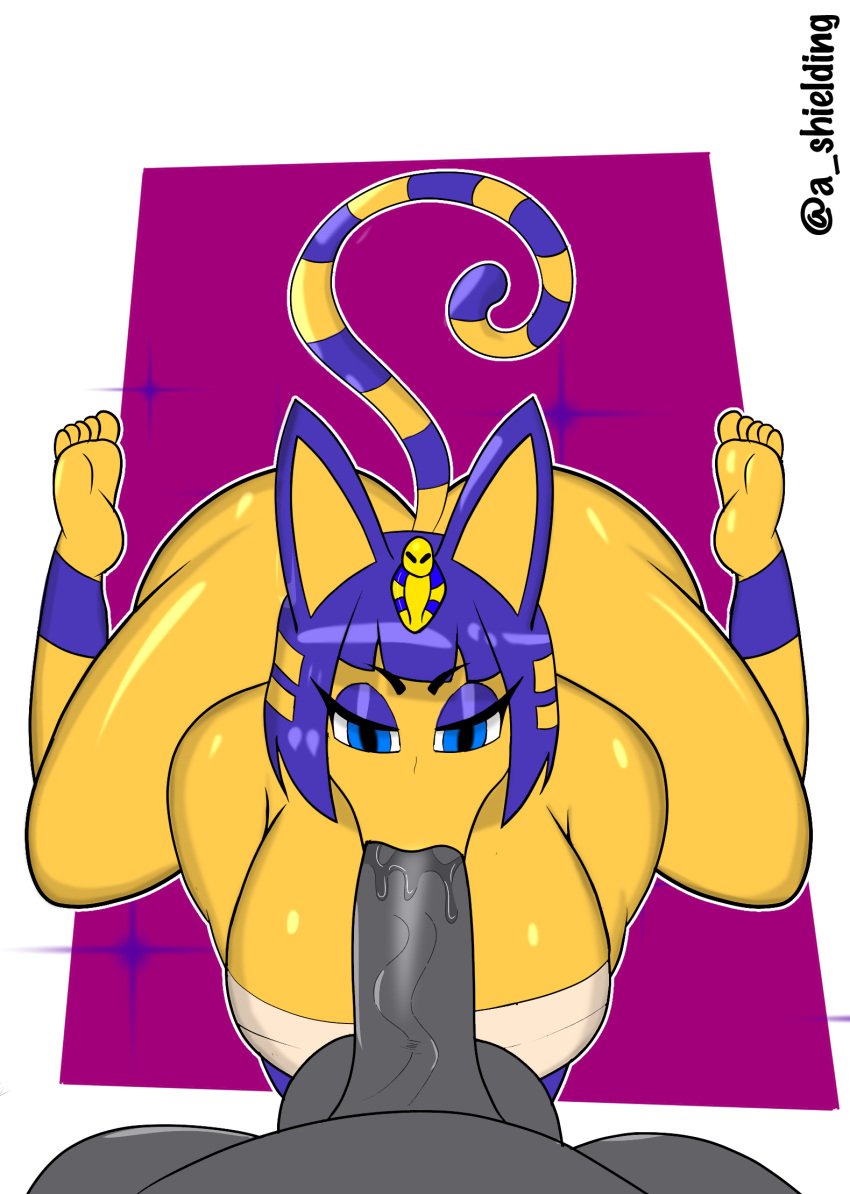 1female animal_crossing ankha anon atomarts big_ass big_breasts blowjob blue_eyes blue_hair cat_ears cat_tail feline pov yellow_body