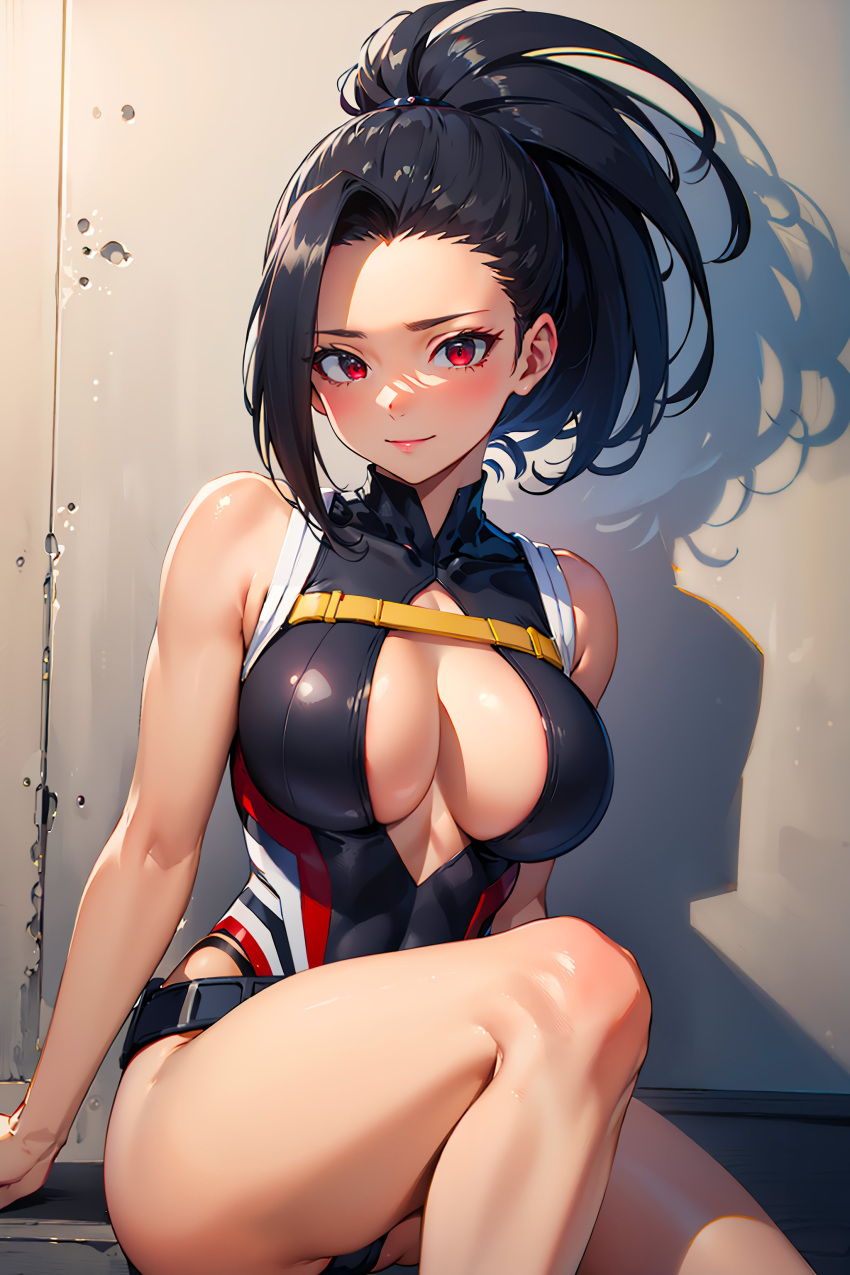 1girls ai_generated boku_no_hero_academia boob_window cleavage leotard long_hair looking_at_viewer momo_yaoyorozu murinelli2 my_hero_academia ponytail ramdonwaifu red_eyes solo