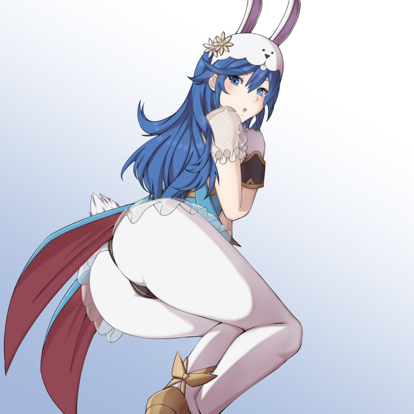 1girls absurdres alternate_costume animal_ears ass ass_focus blue_eyes blue_hair brand_of_the_exalt bunny_ears bunny_girl bunny_tail bunnysuit fake_animal_ears female female_only fire_emblem fire_emblem_awakening fire_emblem_heroes fluffy_tail gloves gradient_background highres large_ass leotard light-skinned_female light_skin long_hair looking_at_viewer looking_back lucina_(fire_emblem) lucina_(spring)_(fire_emblem) lucky_zero nintendo official_alternate_costume open_mouth pantyhose rabbit_ears rabbit_tail simple_background solo tail white_gloves white_pantyhose zerocgm