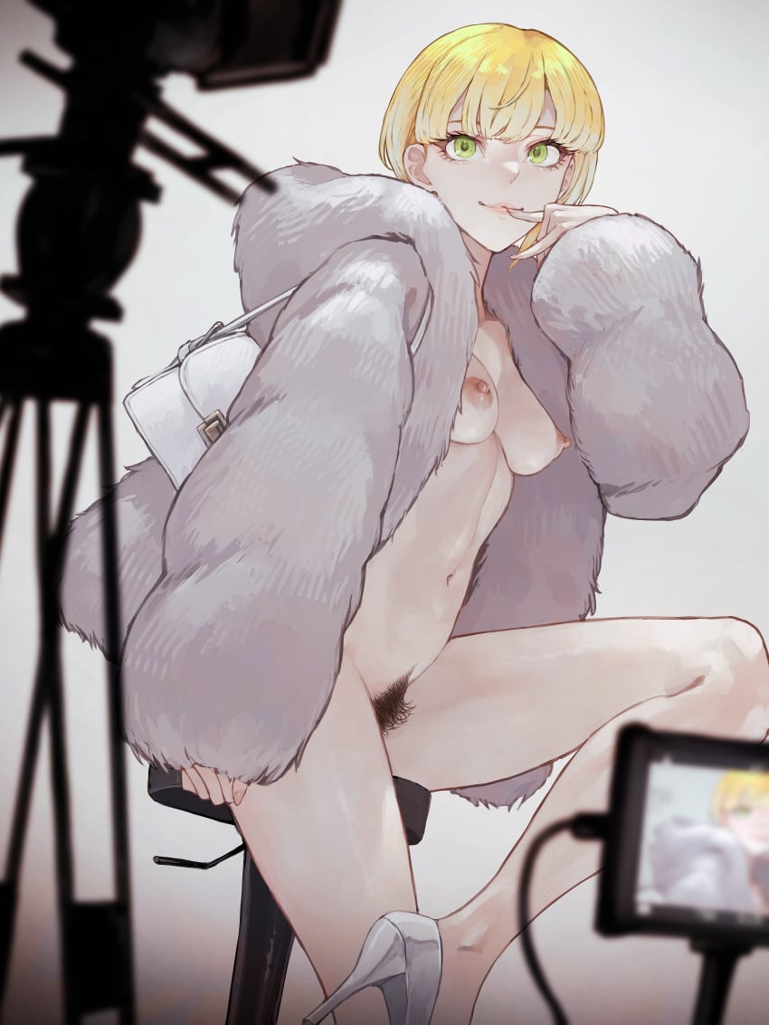 1girls black_pubic_hair blonde_hair camera female female_only female_pubic_hair finger_to_mouth fur_coat green_eyes high_heels idolmaster kaoming lipstick long_fingernails mismatched_pubic_hair miyamoto_frederica modeling nail_polish naked_coat navel nipples nude nude_modeling one_leg_up pink_nail_polish pink_nails pose pubic_hair_peek purse shiny_hair shiny_skin short_hair small_breasts smile solo white_high_heels