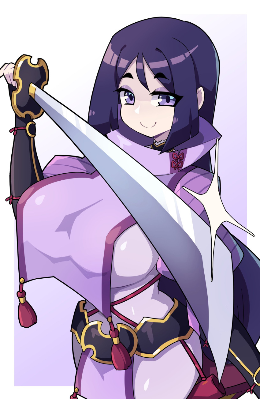 1girls 2023 big_breasts fate/grand_order fate_(series) female female_only hi_res j5daigada katana long_hair looking_at_viewer minamoto_no_raikou_(fate/grand_order) purple_eyes purple_hair smiling smiling_at_viewer solo sword