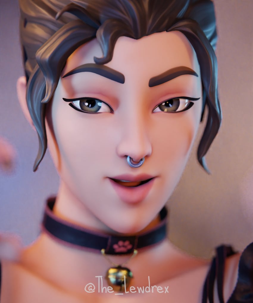 1girls 3d 3d_(artwork) blender brown_hair cat_costume cat_girl chocker epic_games face_closeup face_focus female female_focus female_only fortnite fortnite:_battle_royale hi_res highres lewdrex light-skinned_female light_skin looking_at_viewer nose_piercing rio_(fortnite) smile smiling solo solo_focus watermark