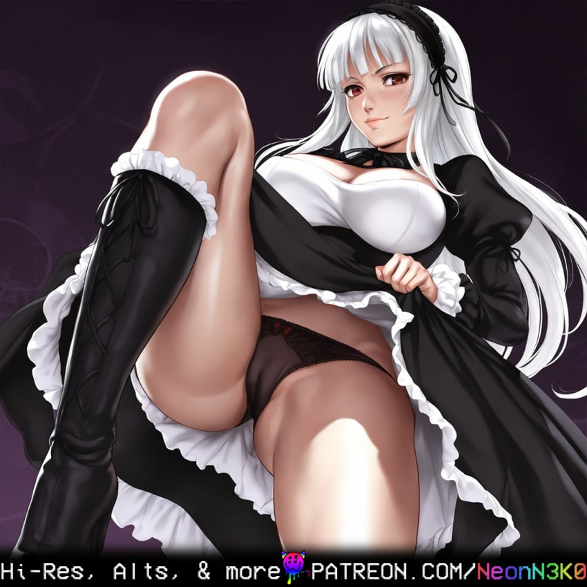 ai_generated alternate_version_at_source alternate_version_available bangs big_breasts bust cameltoe cleavage flashing_panties frilled_dress frilled_legwear frilled_skirt frilled_sleeves gothic_lolita hairband headband hime_cut knee_boots leg_up lolita_fashion looking_at_viewer neck_ribbon neonn3k0 panties presenting presenting_panties puffy_sleeves red_eyes rozen_maiden sidelocks skirt_lift smirk smirking smirking_at_viewer standing standing_on_one_leg suigintou upskirt white_hair