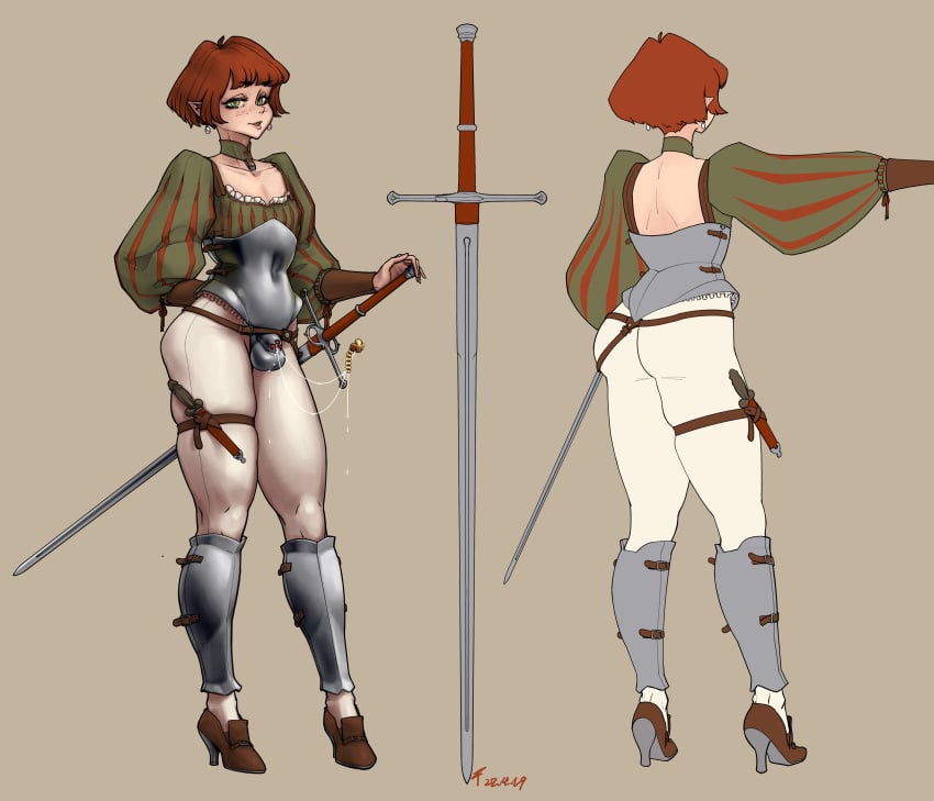 armor caged_cock chastity chastity_cage chastity_device cock_cage dagger elf fembody green_eyes high_heels penis penis_cage red_hair short_hair sword tagme ztyoho