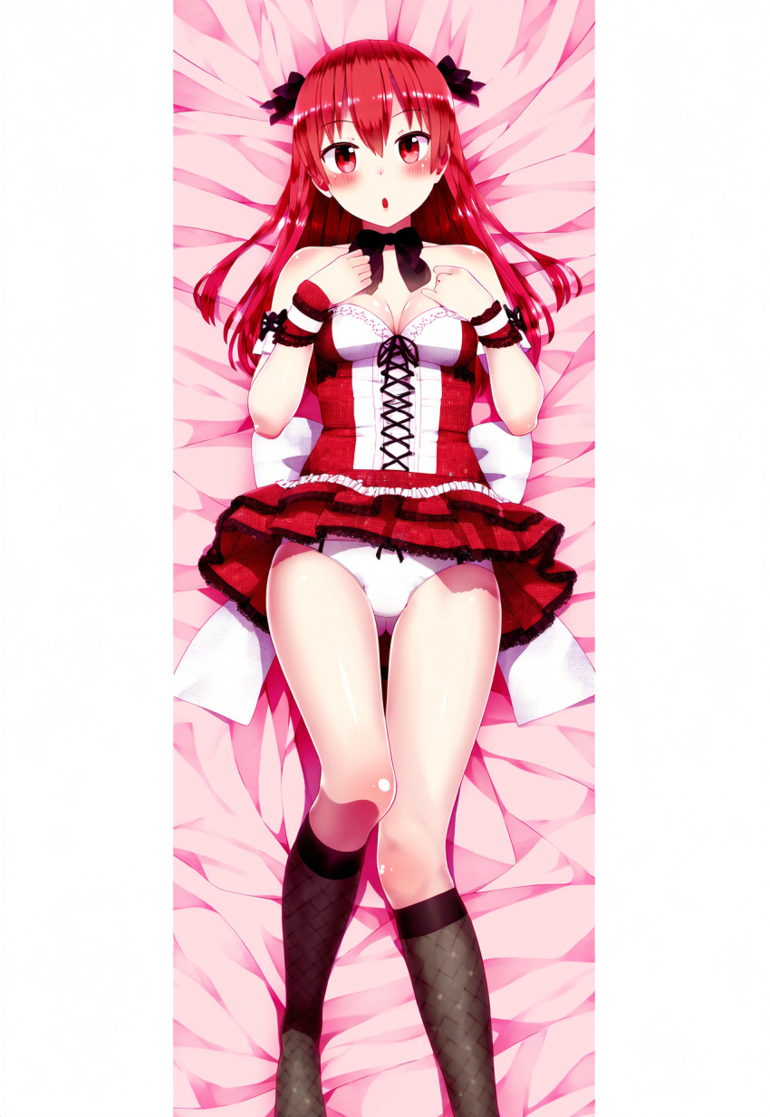 1girls :0 :o audrey_belrose bed_sheet black_legwear blush bow bow_panties cleavage dakimakura dakimakura_design female full_body huniepop kneehighs long_hair looking_at_viewer lying medium_breasts on_back on_bed open_mouth panties red_eyes red_hair school_uniform skirt skirt_lift solo underwear white_panties wrist_cuffs