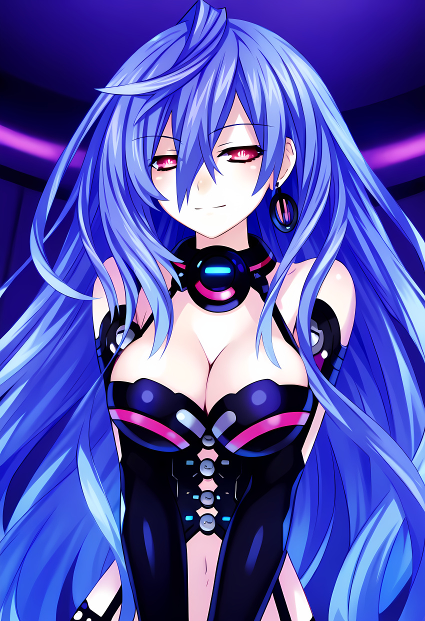 ai_generated bare_midriff bare_shoulders big_breasts cleavage close-up collar earrings front_view goddess iris_heart light-skinned_female long_hair looking_at_viewer neptunia_(series) pink_eyes plutia purple_hair smile