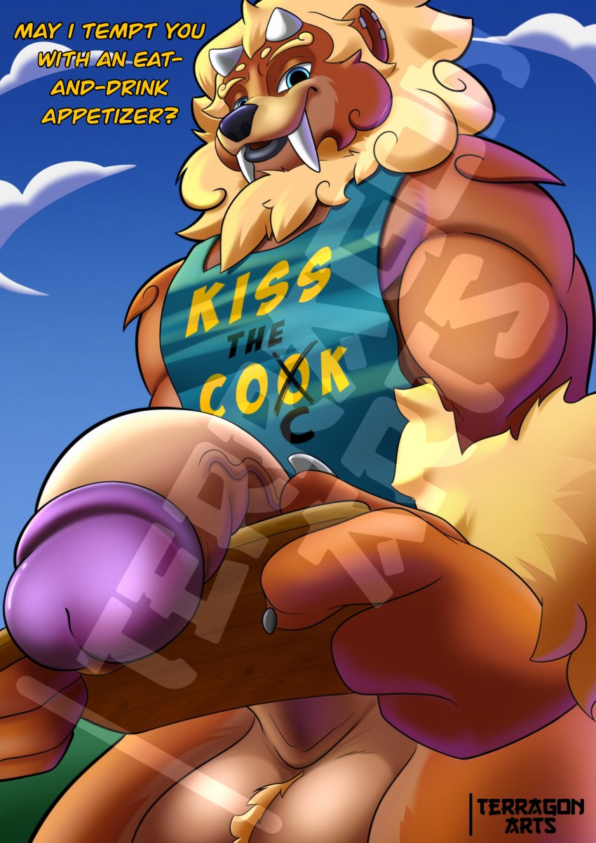 absurd_res anthro apron asian_mythology balls big_balls big_penis bulky clothing east_asian_mythology foo_dog genitals hi_res horn huge_balls huge_cock male mammal muscular muscular_male mythology penis sabertooth silly solo terragon text text_on_clothing tray yama