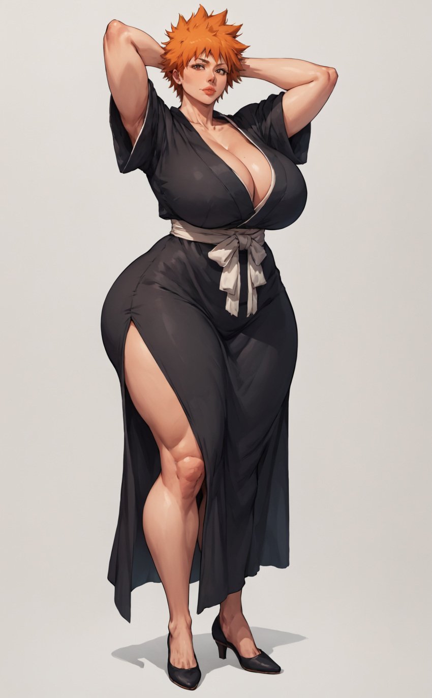 ai_generated arms_behind_head bleach cleavage huge_ass ichigo_kurosaki kimono large_breasts orange_hair patreon rule_63 thick_lips xheceox