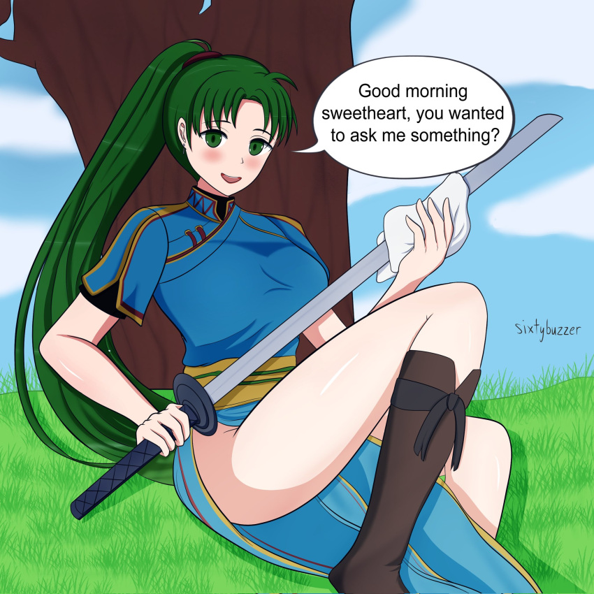 1girls bare_legs blush boots breasts cleaning english_text female female_only fire_emblem fire_emblem:_the_blazing_blade green_eyes green_hair large_breasts legs long_hair looking_at_viewer lyn_(fire_emblem) nintendo open_mouth outdoors ponytail sitting sixtybuzzer smile solo sword text tree