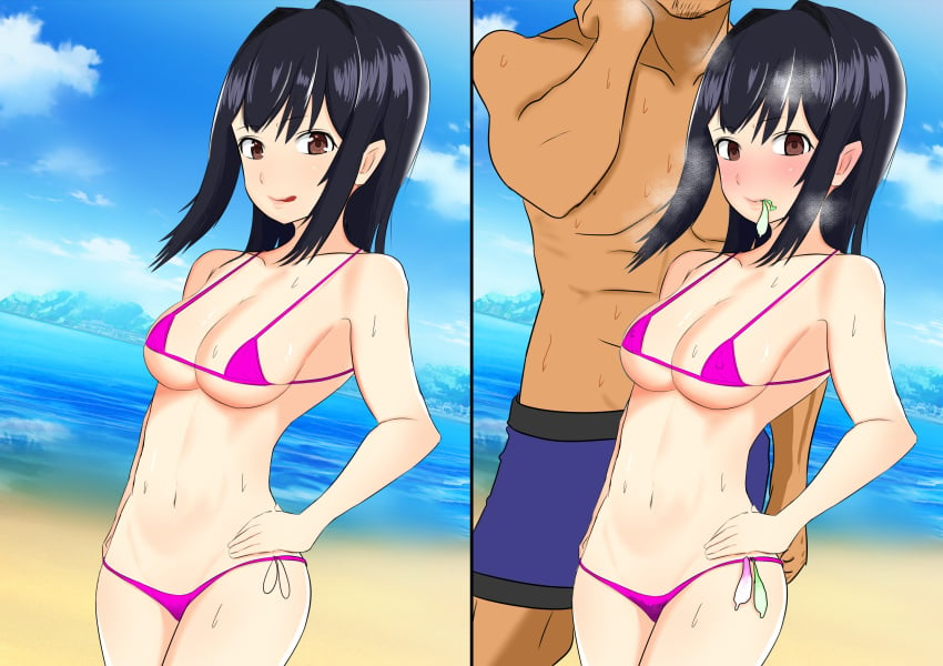 1boy 1girls 2koma before_and_after bikini instant_loss_2koma jakky_jakigann mouth_hold netorare original original_character outdoors used_condom