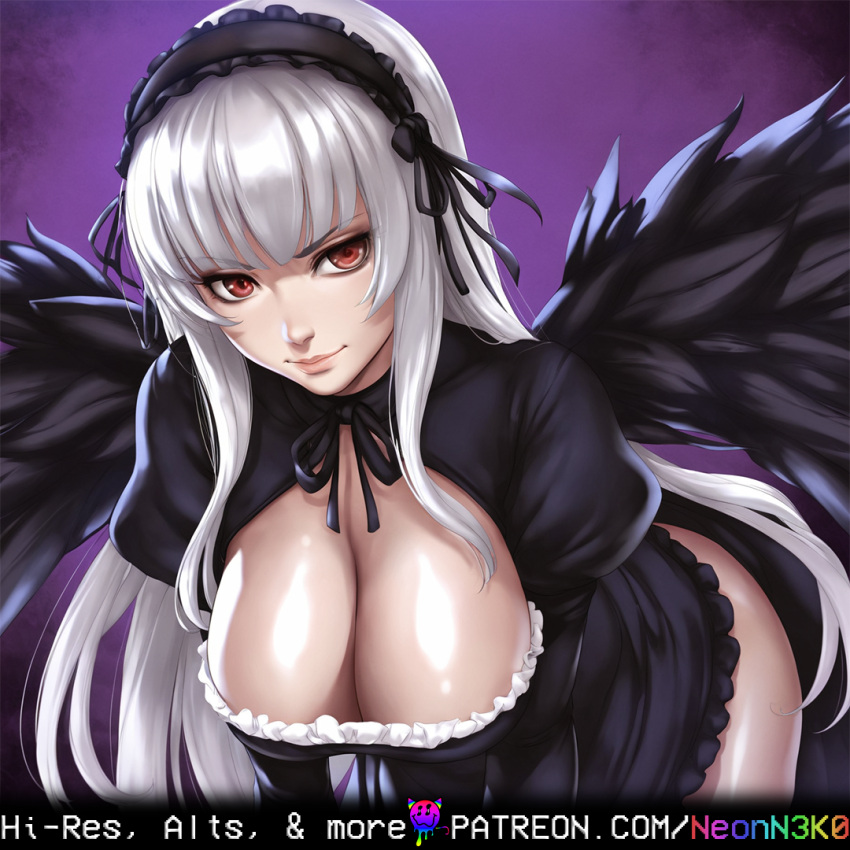 ai_generated alternate_version_at_source alternate_version_available bangs bent_over big_breasts bust cleavage feathered_wings feathers frilled_dress frilled_skirt frilled_sleeves gothic_lolita hairband headband hime_cut leaning_forward lolita_fashion looking_at_viewer neck_ribbon neonn3k0 presenting presenting_breasts puffy_sleeves red_eyes rozen_maiden sidelocks smirk smirking smirking_at_viewer suigintou white_hair wings