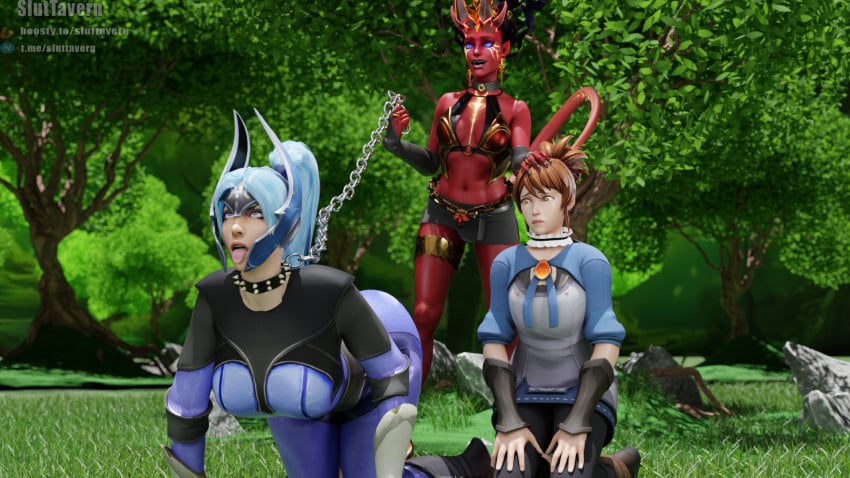 1girls 3d akasha all_fours ass blue_eyes blue_hair brown_hair chains collar crown day demon demon_girl dota_2 female forest helmet horny horse_tail latex_suit light-skinned_female luna_(dota) marci marci_(dota) monster monster_girl nails pussy queen_of_pain red_body red_skin sluttavern succubus sunlight tail tavern yellow_eyes