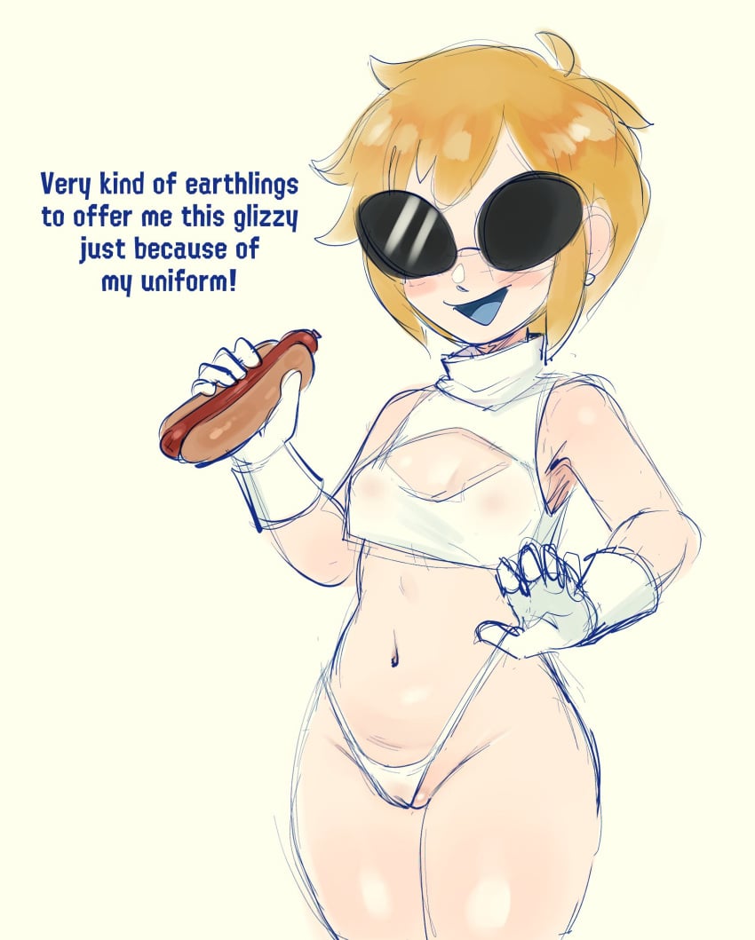 1girls alien alien_look_like_human areolae_visible_through_clothing blue_tongue blush blush_stickers boob_window breasts cleavage crop_top curvy curvy_figure curvy_hips dai_yuurei disguise ear_piercing english_text female flat_chest food glasses gloves holding_food holding_object hot_dog human humanized mario_(series) navel nintendo omega_haunter omegahaunter open_mouth orange_hair orbulon panties pussy_visible_through_clothes shades short_hair sleeveless smile solo solo_female sunglasses text thighs tinted_eyewear tongue warioware white_gloves wide_hips