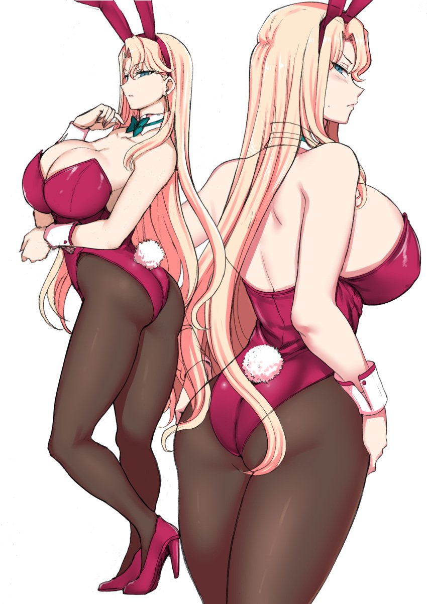 aiue_oka animal_ears ass back bare_shoulders blonde_hair blue_eyes breasts cleavage collarbone earrings fake_animal_ears fake_tail female full_body high_heels highres huge_breasts jewelry kurashiki_reika leotard long_hair mature_female milf neckerchief no_bra official_art pantyhose playboy_bunny rabbit_ears rabbit_tail red_leotard saimin_seishidou sideboob simple_background tail thighs white_background wrist_cuffs