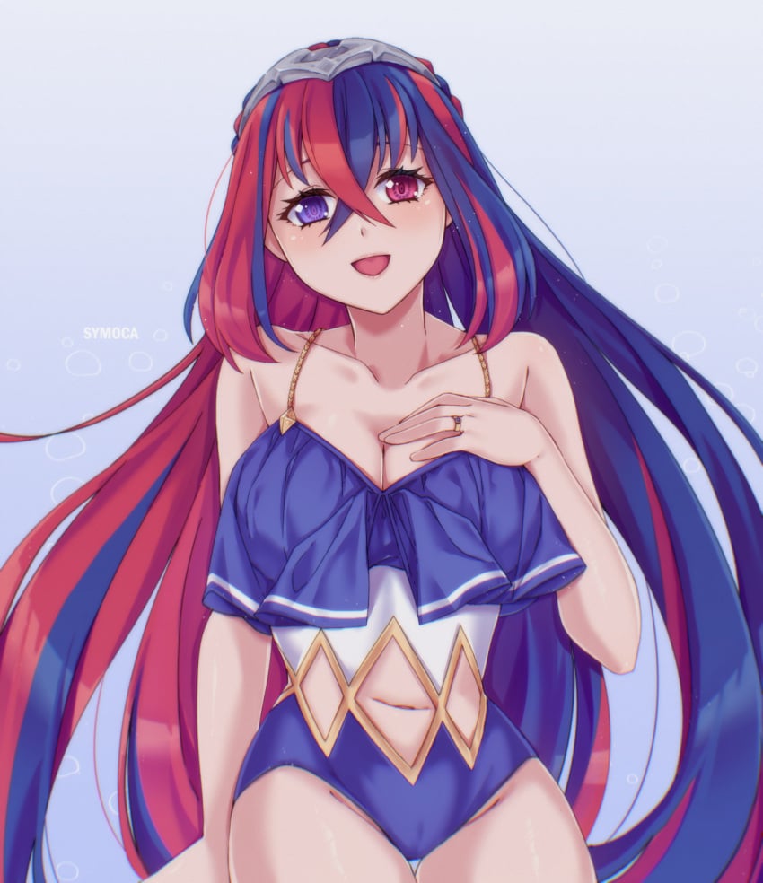 1girls alear_(female)_(fire_emblem) alear_(fire_emblem) alternate_costume bare_thighs blue_eyes blue_hair blue_one-piece_swimsuit blue_swimsuit braid breasts cleavage crossed_bangs crown_braid diamond_cutout female female_only fire_emblem fire_emblem_engage hand_on_own_chest heterochromia highres jewelry large_breasts looking_at_viewer multicolored_hair navel nintendo one-piece_swimsuit open_mouth red_eyes red_hair ring solo split-color_hair swimsuit symoca thighs tiara two-tone_hair