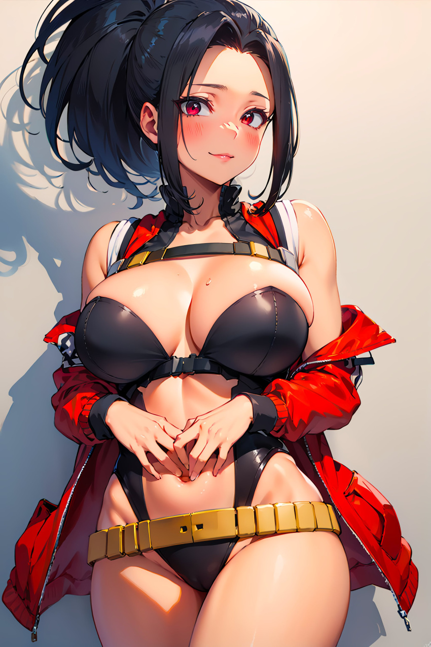 1girls ai_generated big_breasts boku_no_hero_academia boob_window cleavage long_hair looking_at_viewer momo_yaoyorozu murinelli2 my_hero_academia ponytail ramdonwaifu red_eyes solo