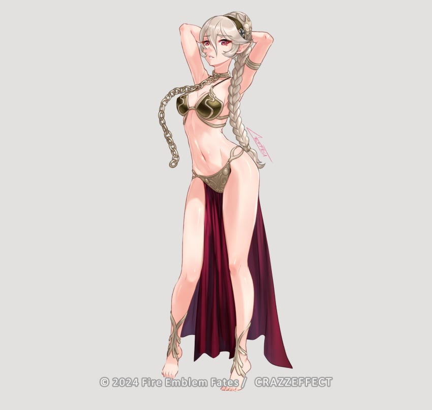 1girls alternate_costume alternate_hairstyle armpits arms_behind_head bare_arms bare_legs bare_midriff bikini bondage braid braided_ponytail chain_leash chains cleavage collar corrin_(fire_emblem) corrin_(fire_emblem)_(female) cosplay crazzeffect crossover female female_only fire_emblem fire_emblem_fates grey_background grey_hair hair_between_eyes hairband leash legs looking_at_viewer midriff nintendo pelvic_curtain pointy_ears ponytail pose red_eyes slave slave_bikini slave_leia_(cosplay) solo star_wars very_long_hair