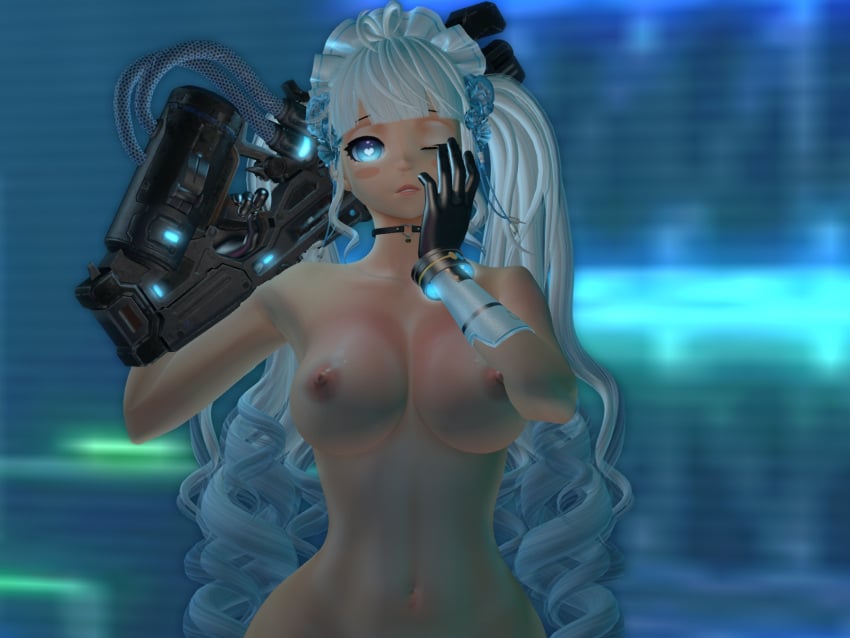 breasts breasts cyber futuristic girl gun maid maid_headdress naked_female nipples nude second_life solo_female zal zallaria zally