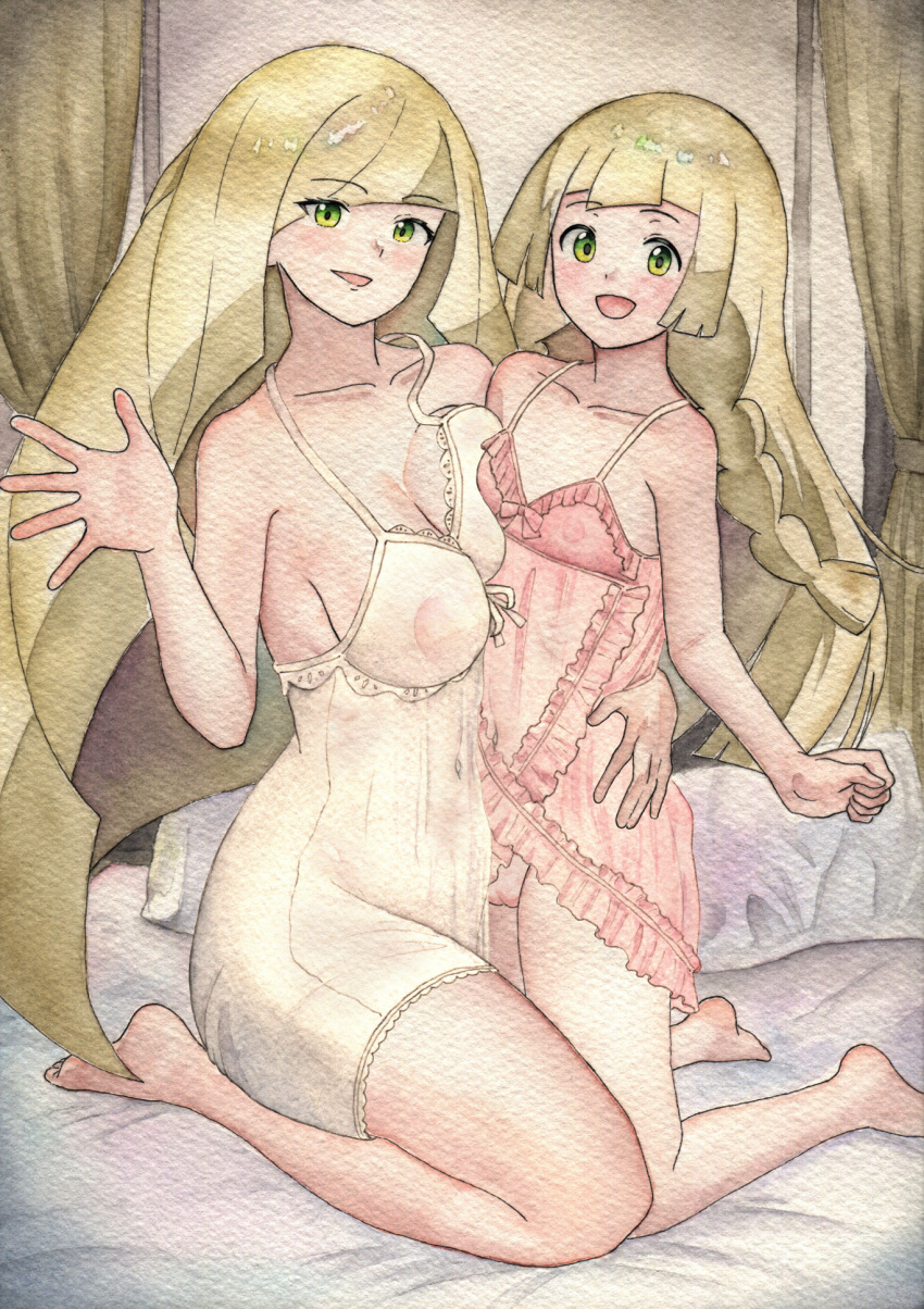 1milf 2girls bed bed_sheet bedroom bedroom_eyes big_breasts blonde_female blonde_hair blonde_hair_female blush breasts breasts_visible_through_clothing flat_chest green_eyes lillie_(pokemon) long_hair looking_at_viewer lusamine_(pokemon) milf mother_and_daughter multiple_girls nightgown nintendo open_mouth pokemon pokemon_sm pussy skeb wadachi354 wave