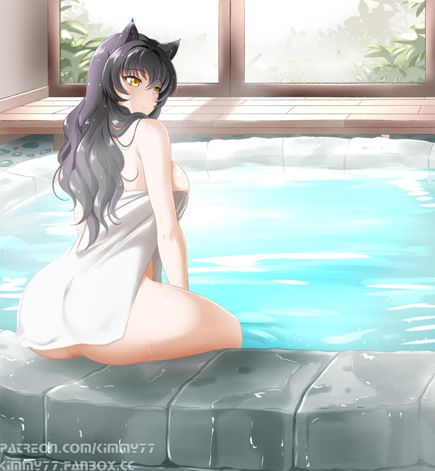 1girls ass black_hair blake_belladonna breasts cat_ears catgirl female kimmy77 large_breasts long_hair onsen pussy rwby towel water wet yellow_eyes