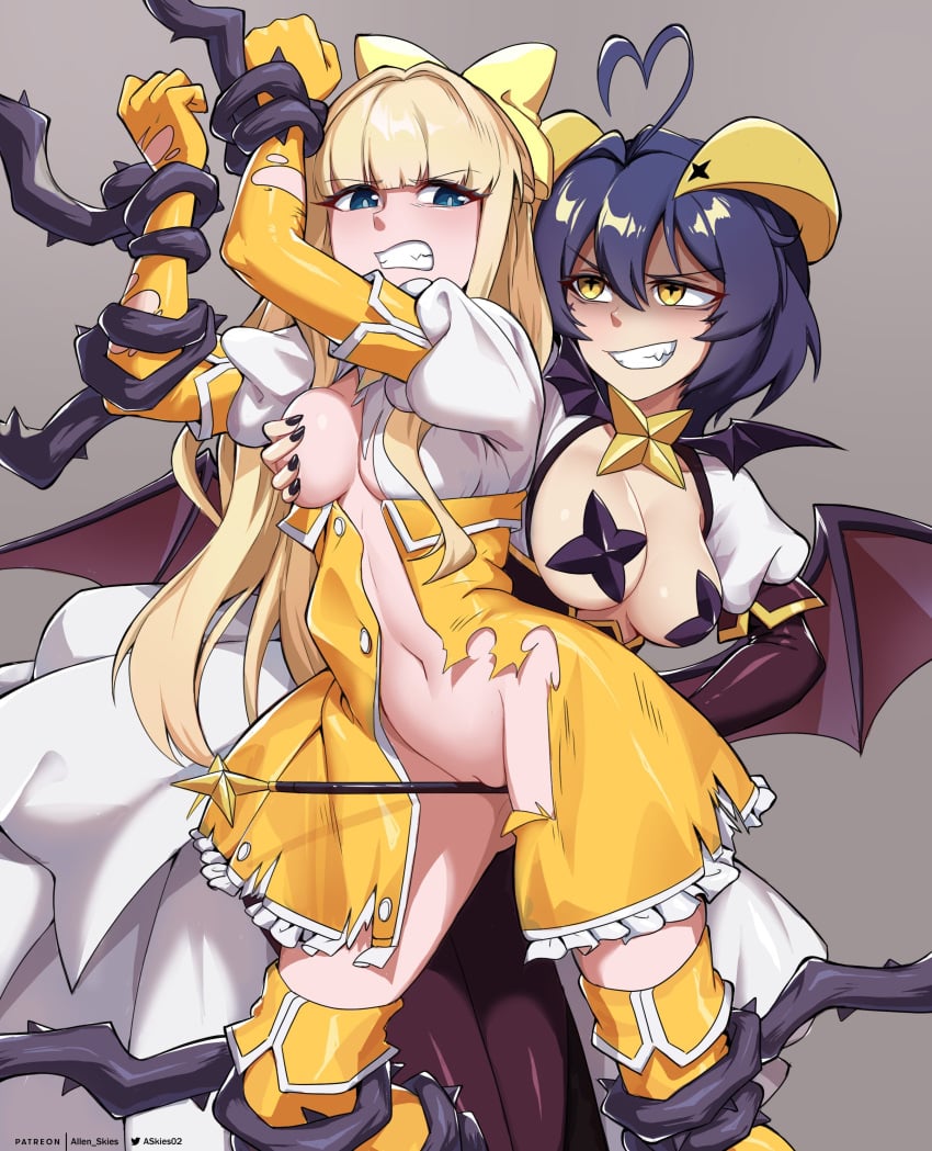 2girls absurdres ahoge allen_skies allen_skies02 black_nails blonde_hair blue_eyes blunt_bangs bondage bound bow breast_grab breasts brooch commission defeated_heroine demon_wings female female/female female_only femsub forced forced_yuri girls girls_only gloves grabbing grabbing_another's_breast grabbing_from_behind grey_background hair_between_eyes hairbow highres hiiragi_utena horns jewelry lesbian linea_alba long_hair looking_at_another low_wings magia_baiser magia_sulphur magical_girl mahou_shoujo_ni_akogarete medium_breasts multiple_girls nail_polish navel nonconsensual only_female painted_nails pasties patreon_username puffy_short_sleeves puffy_sleeves pussy rape ribbon short_hair short_sleeves simple_background smile star_(symbol) star_brooch star_pasties tenkawa_kaoruko thorns torn_clothes twitter_username villainess villainess_on_heroine wings yellow_bow yellow_eyes yellow_horns yuri