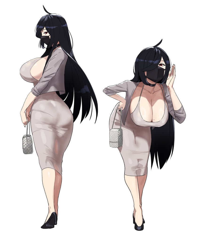 1girls ahoge ana_(zanamaoria) bent_over big_breasts black_hair choker cleavage dongtan_dress female female_only hair_over_one_eye handbag heels hi_res jojierru long_hair looking_at_viewer mole mole_on_breast mouth_mask red_eyes sideboob solo suit white_background