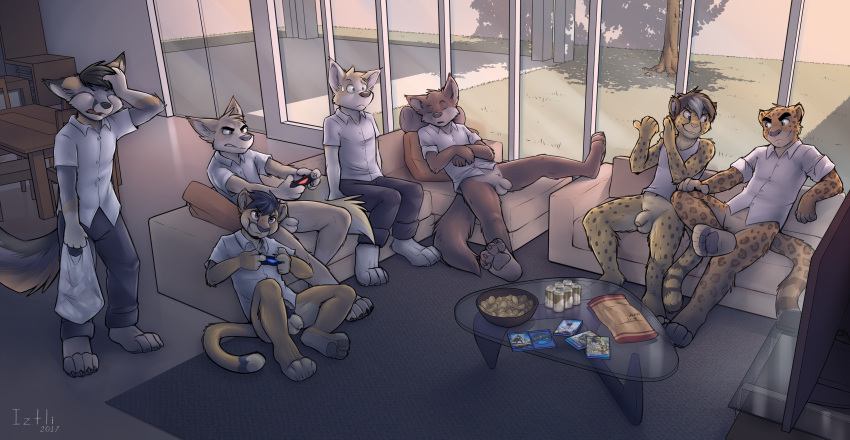 anthro balls bottomless canine cheetah clothed clothing cougar dingo feline flaccid fox group iztli jaguar male male_only mammal penis wolf