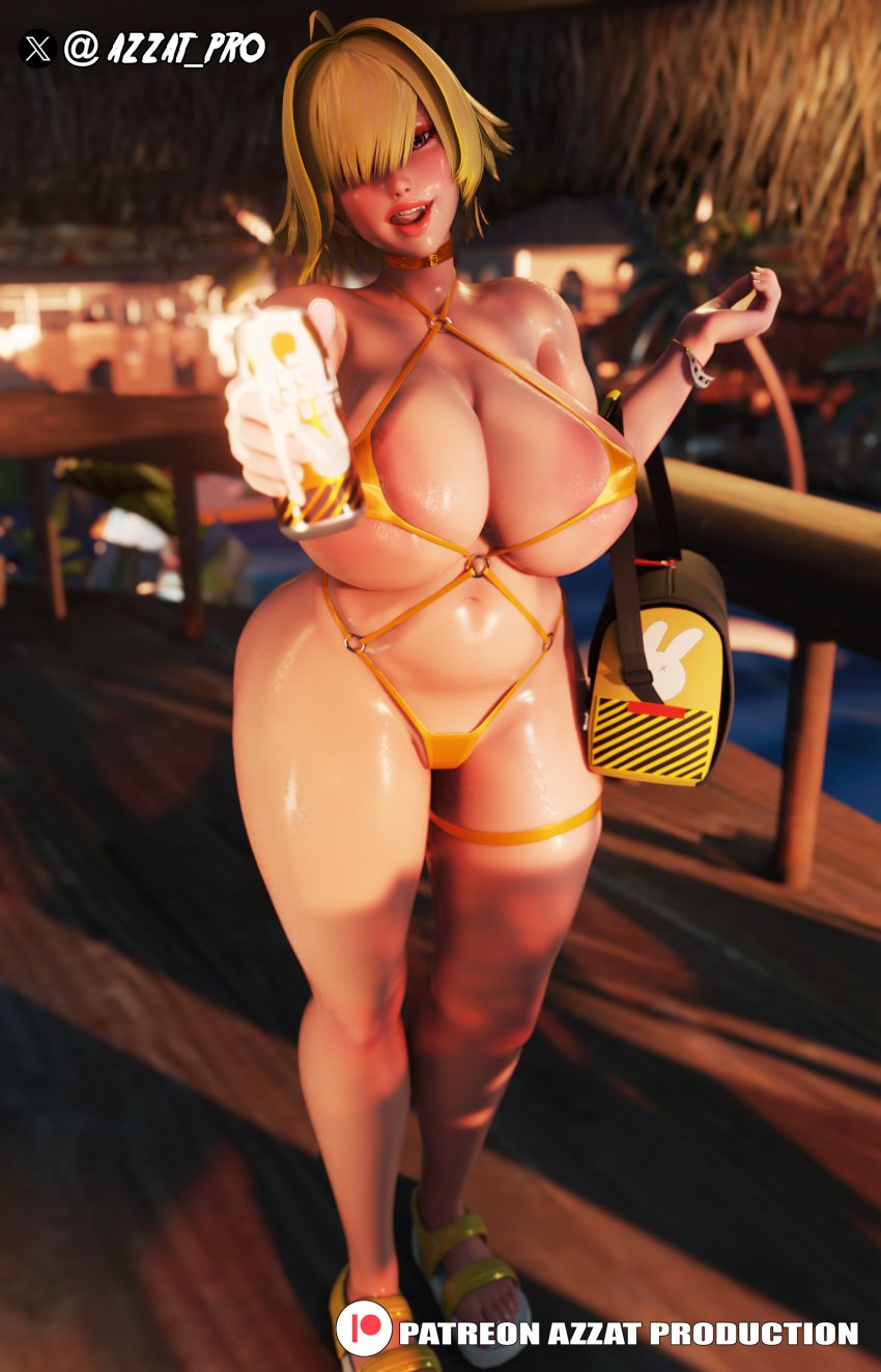 1girls 3d ahoge azzat bag beach belly belly_button big_breasts bikini blonde_hair bracelet breasts busty color colored curvaceous curvy curvy_body curvy_female curvy_figure drink drink_can elegg_(nikke) female goddess_of_victory:_nikke huge_breasts looking_at_viewer midriff pov purple_eyes sandals thick_thighs thigh_strap thighs voluptuous wet yellow_bikini yellow_hair