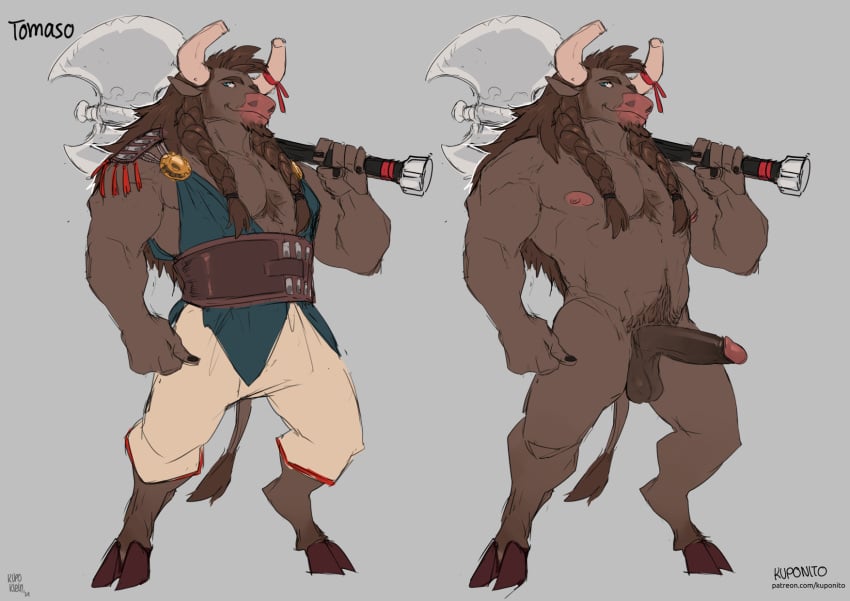 2_horns anthro axe balls battle_axe bovid bovine clothed clothing european_mythology genitals greek_mythology hi_res hooves horn kupoklein male mammal minotaur muscular muscular_anthro muscular_male mythology nipples nude pecs penis tomaso_(kupoklein)