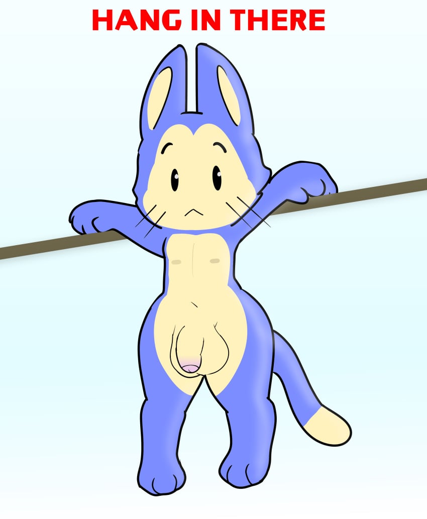 absurd_res anthro blue_body brotha's domestic_cat dragon_ball felid feline felis femboy flaccid foreskin genitals girly hanging_by_arms hi_res male mammal nude penis puar_(dragon_ball) slim solo wide_hips