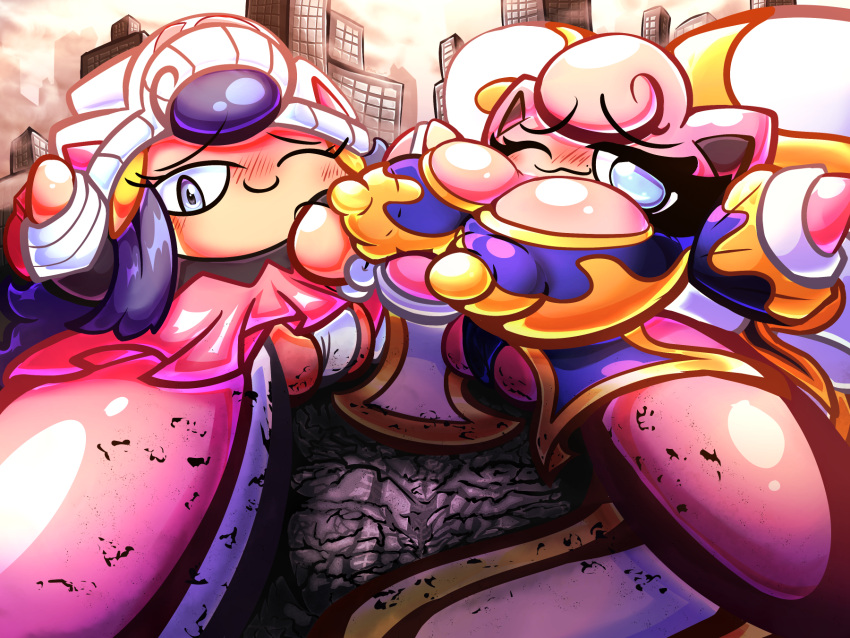 2girls big_breasts big_pussy blue_eyes blue_hair blush blush_lines bow bowtie breasts city city_background cracks dawn_(pokemon) dawn_(pokemon)_(cosplay) duo eyelashes flashing flashing_pussy giant giantess gold gold_(metal) jigglypuff looking_at_viewer multiple_girls panties pink_skin pokemon pokemon_(species) poketch puff-li_(puffylover69) puffylover69 pussy skirt skirt_lift waddling_head