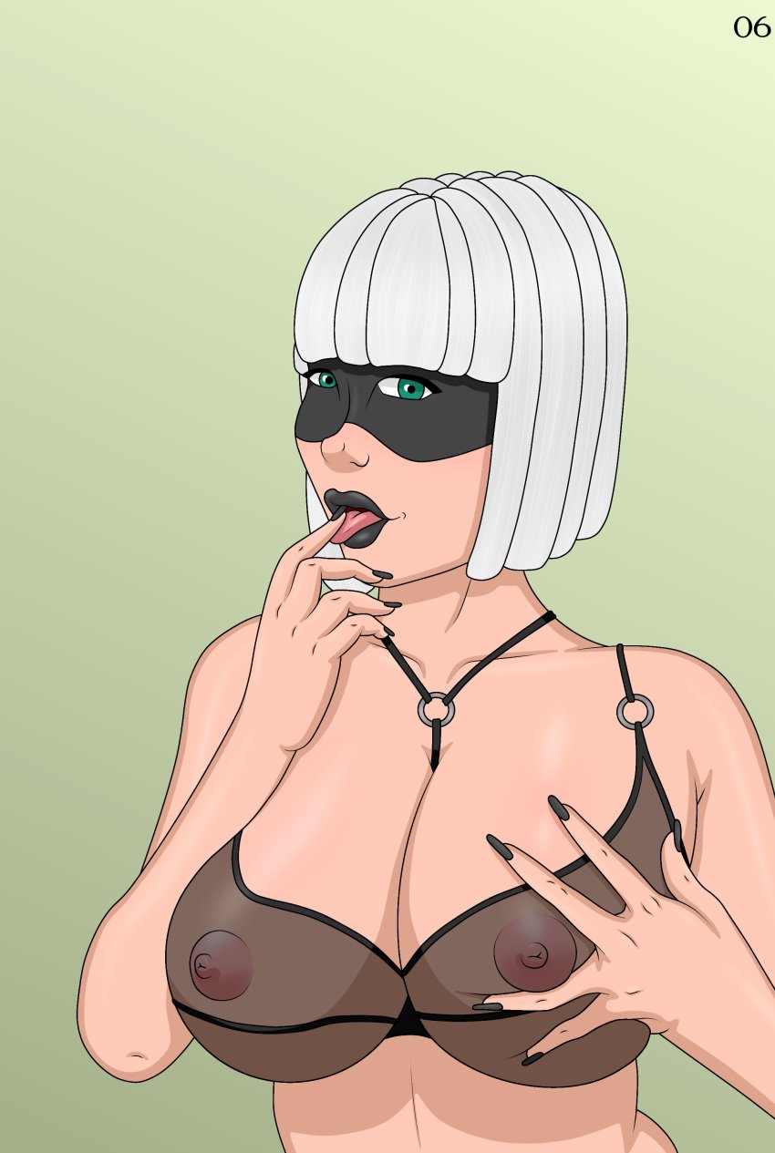 2023 areola areolae bandit_(clash_royale) big_ass big_breasts big_nipples black_lingerie black_lipstick bra breast_grab breasts clash_(series) clash_royale comic comic_page curvaceous curvy curvy_female curvy_figure erect_nipples eyelashes finger_in_mouth green_eyes hand_on_breast huge_breasts lingerie looking_at_viewer magazine mask masked masked_female nipples nipples_visible_through_clothing nude_pose_book open_mouth page_6 page_number pink_nipples short_hair smile smiling smiling_at_viewer solo solo_female solo_focus squeezing squeezing_breast supercell white_hair zzerotic