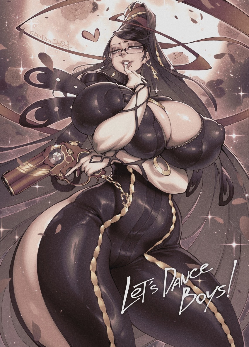 artist_name artist_signature bayonetta bayonetta_(character) big_breasts black_bodysuit black_hair blue_eyes bodysuit cleavage_cutout clothes clothing clothing_cutout curvy_female elbow_gloves eyeshadow female finger_to_mouth fully_clothed glasses gloves gofa gun hair_bun hair_ribbon heart holding holding_gun holding_weapon huge_breasts hyper_thighs large_breasts long_hair looking_at_viewer massive_thighs mole mole_under_mouth narrowed_eyes purple_eyeshadow red_ribbon red_ribbon_in_hair rose_(flower) rose_petals solo swept_bangs thick_thighs thigh_cutout thunder_thighs very_long_hair vintage voluptuous_female weapon white_gloves