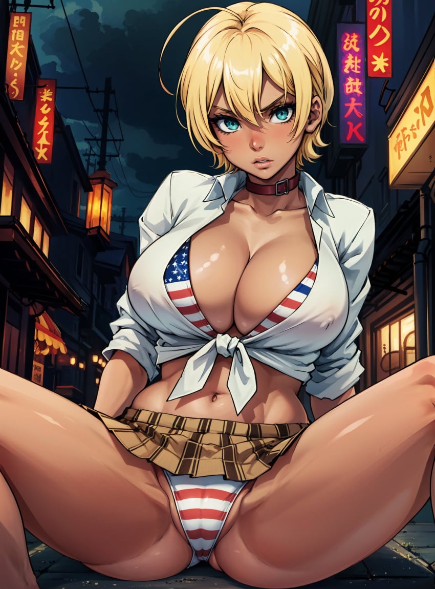 abs ahoge ai_generated american_flag_bikini american_school blonde_hair cleavage collar dark_skin female green_eyes gyaru looking_at_viewer makimass_ai midriff miniskirt mito_ikumi night outdoors panties plaid_skirt shiny_breasts shiny_skin shokugeki_no_souma short_hair sitting solo street striped_panties thighs tied_shirt