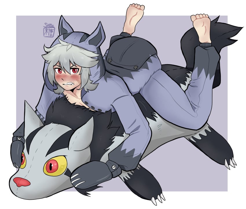 1boy abdl blush diaper diaper_fetish embarrassed feet feet_up genshin_impact humping humping_plushie male male_only mightyena mitts onesie plushie razor_(genshin_impact) satou_candy solo