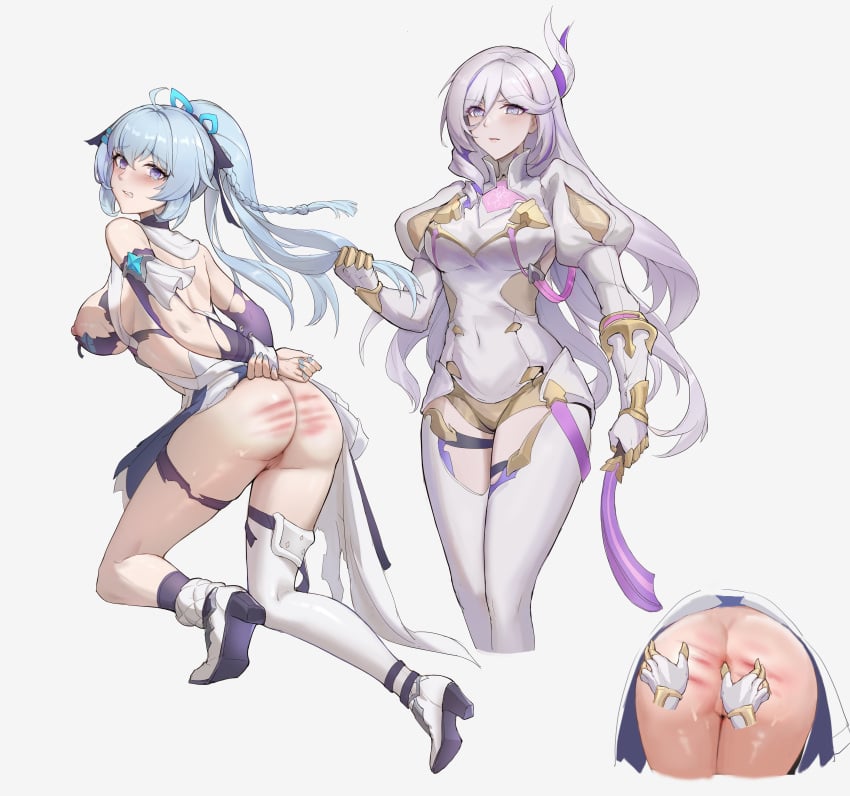 2girls absurdres ahoge anal_fingering ass ass_focus attack_of_the_hatogod blue_dress blue_eyes blue_hair blue_nails bodysuit breasts censored closed_mouth dress female fingering full_body grey_background hare_(honkai_impact) high_heels highres holding holding_whip honkai_(series) honkai_impact_3rd horns juliet_sleeves large_breasts long_hair long_sleeves looking_at_viewer looking_back mosaic_censoring multiple_girls multiple_views nail_polish nipples puffy_sleeves purple_eyes purple_sleeves pussy shigure_kira simple_background single_horn single_thighhigh spanking thighhighs torn_clothes torn_dress very_long_hair white_bodysuit white_footwear white_hair white_thighhighs