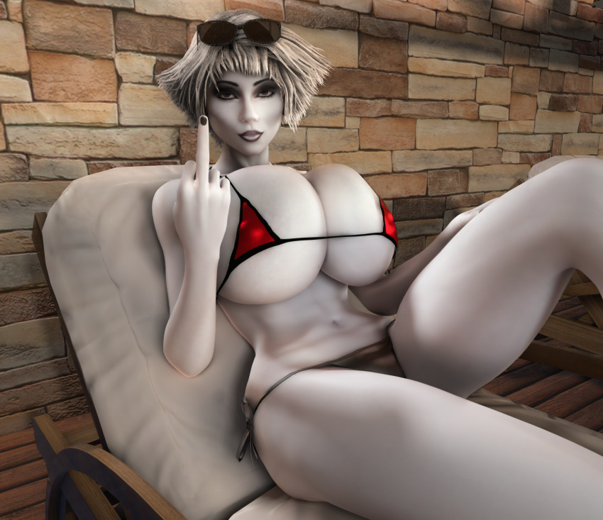 1girls 3d 3d_(artwork) alternate_breast_size barely_clothed beach_chair bikini breasts breasts_bigger_than_head chiana cleavage clothed clothed_female farscape female female_only female_solo flipping_off flipping_the_bird gigantic_breasts grey_skin hourglass_figure huge_breasts looking_at_viewer micro_bikini middle_finger nipples nipples_visible_through_clothing skimpy skimpy_bikini skimpy_clothes slim_waist small_waist solo solo_female string_bikini sunglasses sunglasses_on_head thick_thighs thighs thin_waist vaako wide_hips